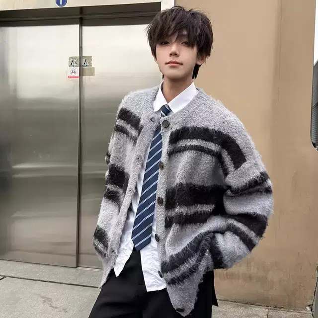 虫小绿 美式复古软糯仿貂毛开衫毛衣外套秋冬季潮流宽松休闲上衣百搭慵懒风保暖针织衫 男女同款