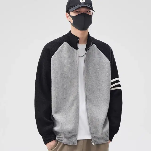 虫小绿 美式高街国潮牌开衫毛衣春秋季立领撞色三杠外套百搭休闲毛线衣服双拉链针织衫 男女同款