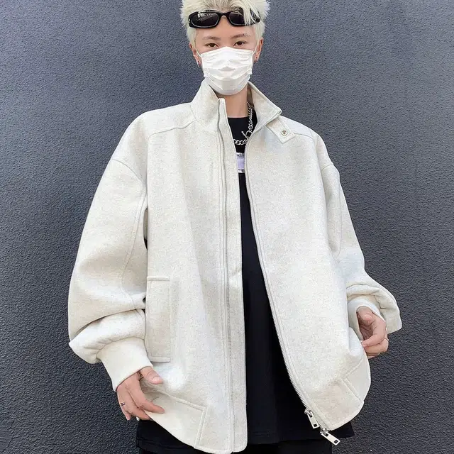 虫小绿 美式高街解构拼接小众设计毛呢纯色外套秋冬季基础款立领宽松休闲百搭舒适通勤开衫卫衣飞行员教练行政夹克 男女同款