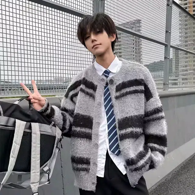 虫小绿 美式复古软糯仿貂毛开衫毛衣外套秋冬季潮流宽松休闲上衣百搭慵懒风保暖针织衫 男女同款