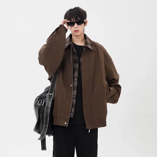 虫小绿 美式复古高级感小众设计感格子假两件外套上衣拼接翻领春秋季高街风高质感时髦舒适休闲宽松飞行员夹克 男女同款