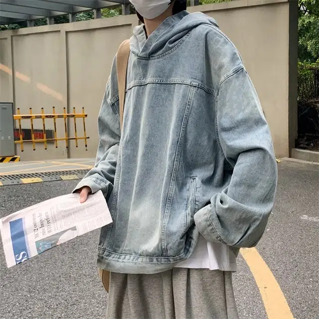 虫小绿 美式水洗做旧高街风套头连帽外套上衣休闲春秋季街头潮牌宽松复古痞帅百搭牛仔帽衫长袖卫衣 男女同款