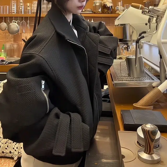 虫小绿 美式高街复古折戟翻领设计感蜂窝工装外套秋冬款解构宽松休闲潮流百搭保暖舒适纯色金属拉链防风亨利领飞行员夹克 男女同款