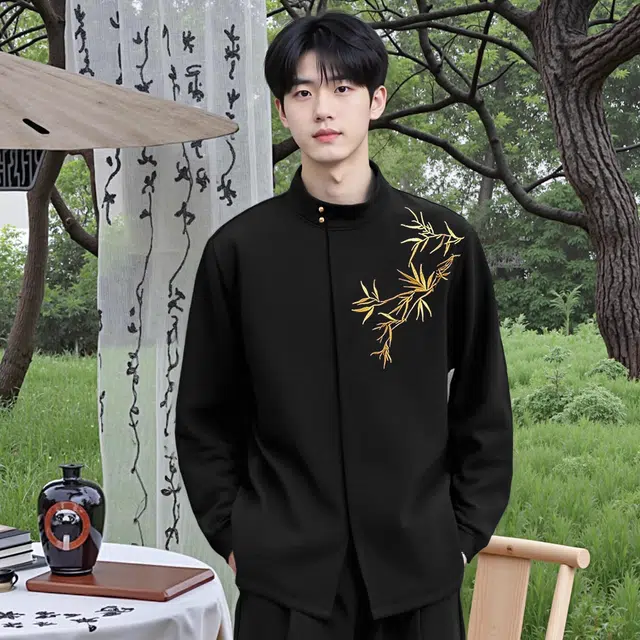 虫小绿 新中式立领长袖衬衣结婚订婚国风感设计竹叶刺绣免烫百搭上衣衬衫 男女同款