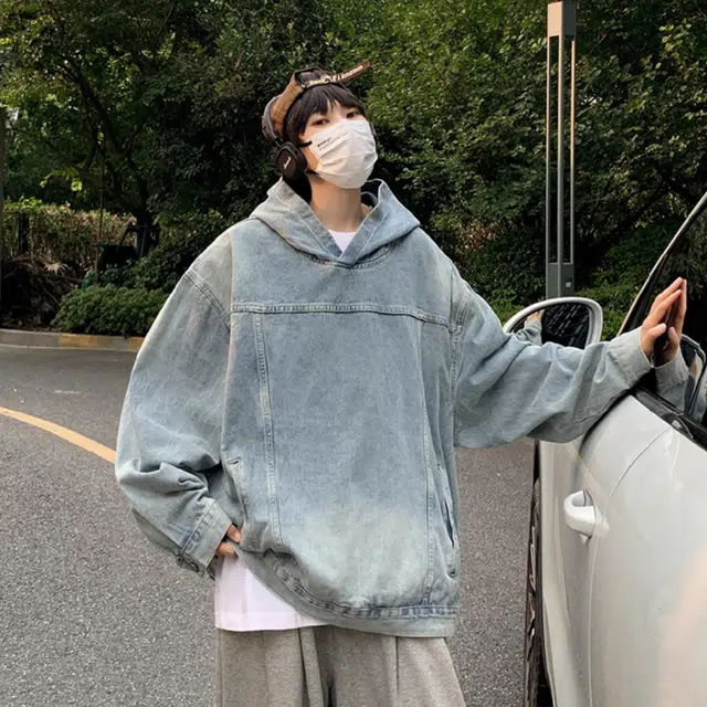 虫小绿 美式水洗做旧高街风套头连帽外套上衣休闲春秋季街头潮牌宽松复古痞帅百搭牛仔帽衫长袖卫衣 男女同款