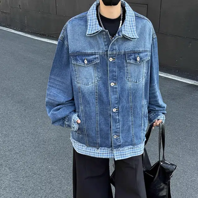 虫小绿 美式假两件拼接潮牌街头垂感翻领百搭宽松牛仔外套 男女同款