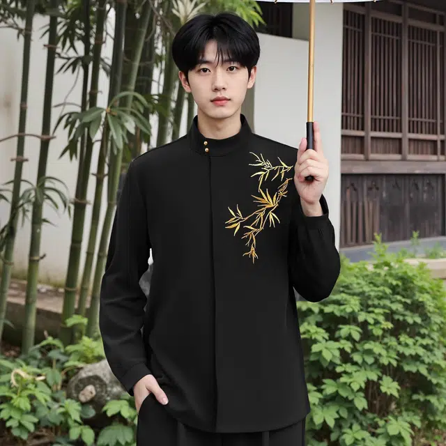 虫小绿 新中式立领长袖衬衣结婚订婚国风感设计竹叶刺绣免烫百搭上衣衬衫 男女同款