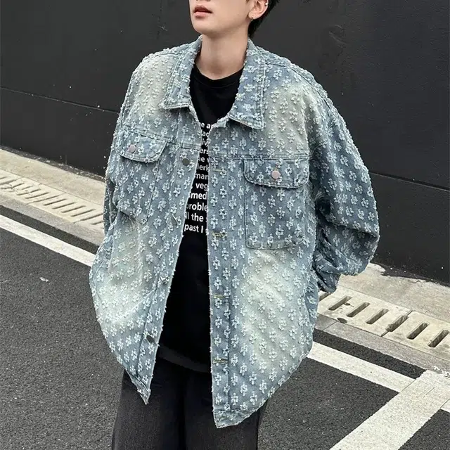 虫小绿 美式复古设计满印提花工艺宽松经典翻领夹克春秋季潮流高级感痞帅休闲水洗做旧小香风工装大口袋百搭牛仔外套 男女同款