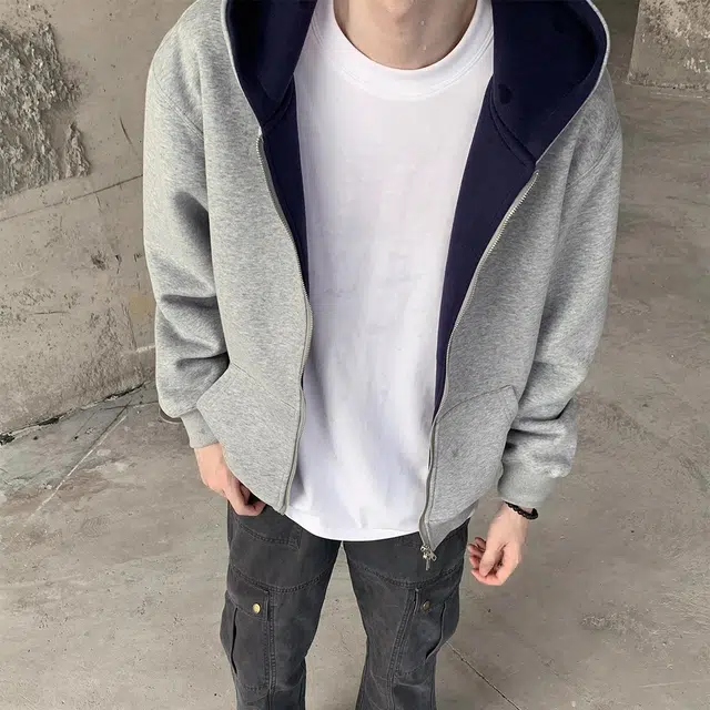 虫小绿 春秋季小众设计感美式高街内外撞色高级感长袖重磅开衫外套双拉链宽松休闲百搭潮牌简约廓形情侣款连帽卫衣 男女同款