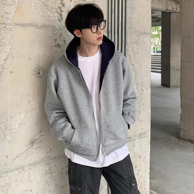虫小绿 春秋季小众设计感美式高街内外撞色高级感长袖重磅开衫外套双拉链宽松休闲百搭潮牌简约廓形情侣款连帽卫衣 男女同款