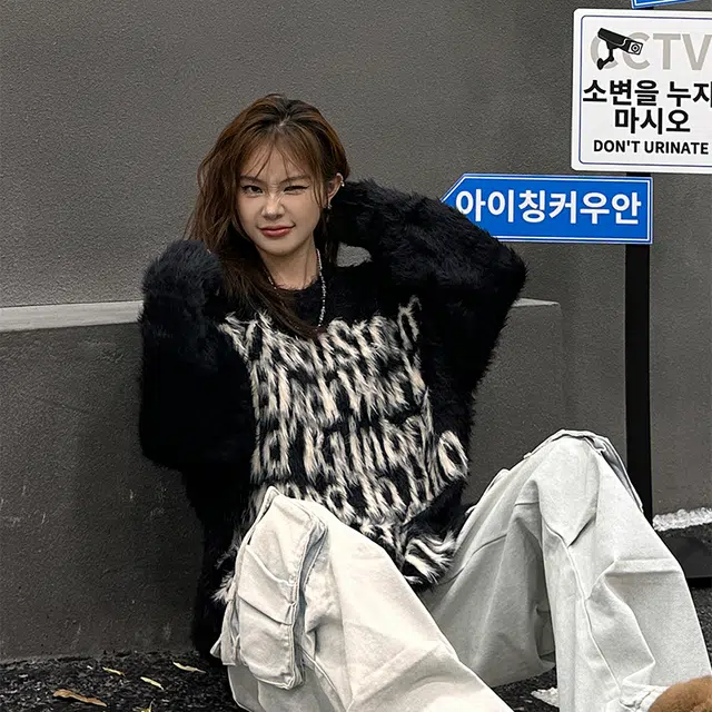 虫小绿 国潮复古字母印花仿貂毛毛衣外套春秋季软糯温柔风宽松休闲百搭保暖情侣套头圆领长袖针织衫 男女同款