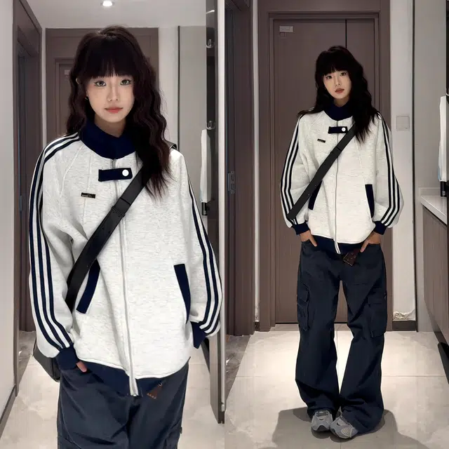 虫小绿 美式复古拼接撞色学院运动风外套春秋款潮牌三条杠夹克宽松痞帅街头舒适时尚休闲个性通勤百搭拉链卫衣 男女同款