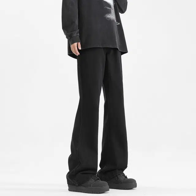 虫小绿 美式高街纯色简约水洗弯刀裤潮牌宽松直筒长裤百搭通勤显瘦微喇牛仔裤 男女同款