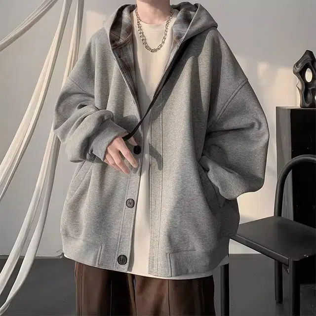 虫小绿 美式复古潮牌高级感拼接格子连帽上衣服春秋季韩版潮流设计开衫外套休闲宽松单排扣百搭卫衣 男女同款