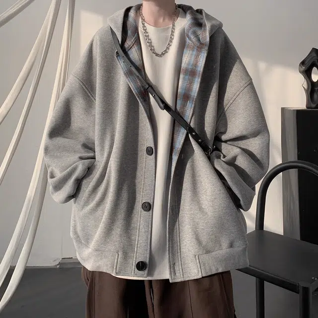 虫小绿 美式复古潮牌高级感拼接格子连帽上衣服春秋季韩版潮流设计开衫外套休闲宽松单排扣百搭卫衣 男女同款