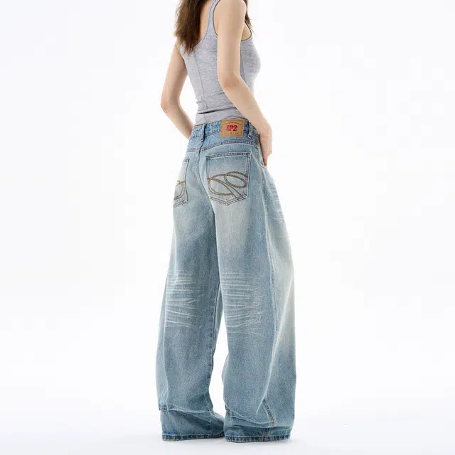 虫小绿 美式复古垂感拖地长裤秋冬季潮牌痞帅气质高级感水洗直筒宽松阔腿弯刀裤情侣裤子牛仔裤 男女同款