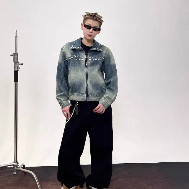 虫小绿 潮流设计立体珍珠钉珠小版型短款夹克长袖上衣宽松春秋美式水洗做旧街头小众高级感休闲百搭牛仔外套 男女同款