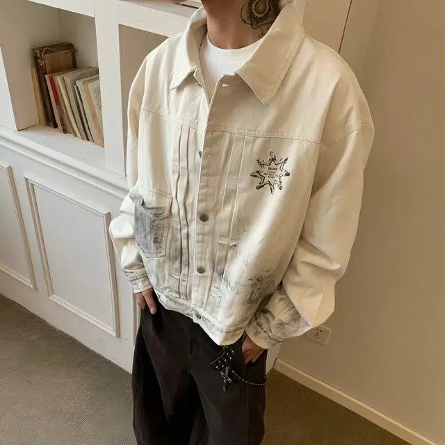 虫小绿 美式做旧重工脏染背扣高级设计感复古翻领夹克摇滚印花宽松春秋季潮流舒适百搭高街潮牌嘻哈街头风痞帅休闲牛仔外套 男女同款