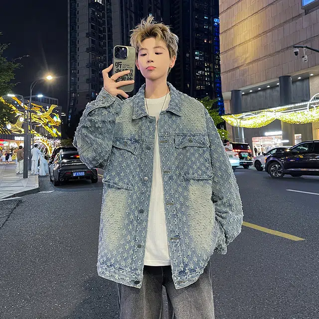 虫小绿 美式复古高街满印提花痞帅夹克春秋季炸街时尚潮流磨白做旧大口袋废土风休闲百搭舒适宽松工装牛仔外套 男女同款