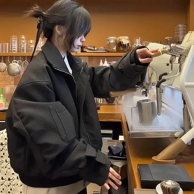 虫小绿 美式高街复古折戟翻领设计感蜂窝工装外套秋冬款解构宽松休闲潮流百搭保暖舒适纯色金属拉链防风亨利领飞行员夹克 男女同款