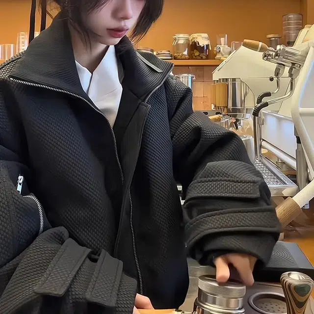 虫小绿 美式高街复古折戟翻领设计感蜂窝工装外套秋冬款解构宽松休闲潮流百搭保暖舒适纯色金属拉链防风亨利领飞行员夹克 男女同款