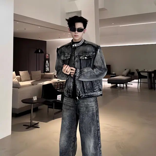 虫小绿 美式复古个性百搭春秋季高级感垫肩夹克短款设计休闲宽松时尚小立领长袖毛边做旧水洗上衣牛仔外套 男女同款