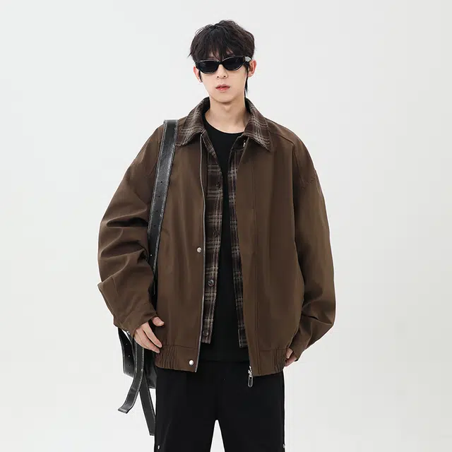 虫小绿 美式复古高级感小众设计感格子假两件外套上衣拼接翻领春秋季高街风高质感时髦舒适休闲宽松飞行员夹克 男女同款