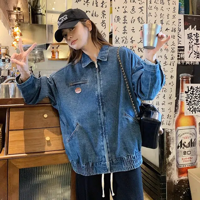 虫小绿 韩版学院风甜美超好看短款夹克百搭通勤春秋款复古高级感水洗做旧休闲宽松工装拉链上衣情侣牛仔外套 男女同款