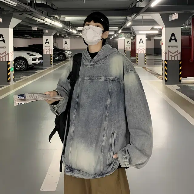 虫小绿 美式高街复古套头牛仔连帽上衣水洗做旧高级感春秋季宽松休闲工装夹克长袖外套情侣帽衫卫衣 男女同款