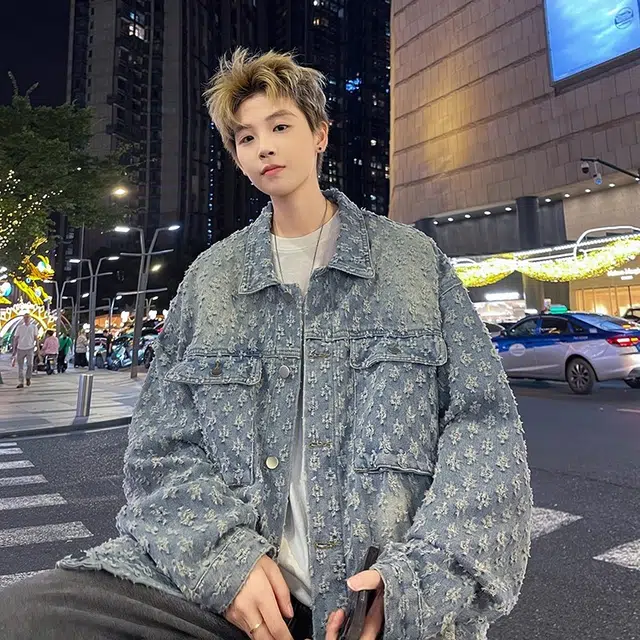 虫小绿 美式复古高街满印提花痞帅夹克春秋季炸街时尚潮流磨白做旧大口袋废土风休闲百搭舒适宽松工装牛仔外套 男女同款