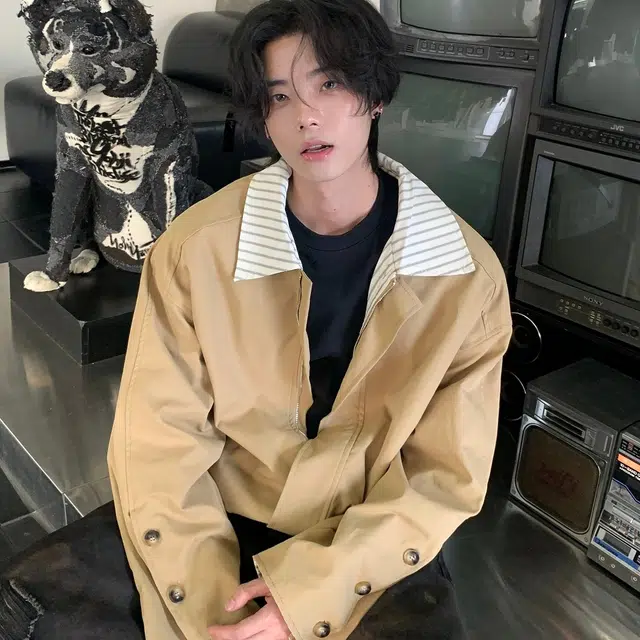 虫小绿 春秋季潮流撞色拼接条纹翻领外套廓形琥珀系美式复古简约个性小众设计感宽松舒适日常休闲百搭通勤工装防风夹克 男女同款