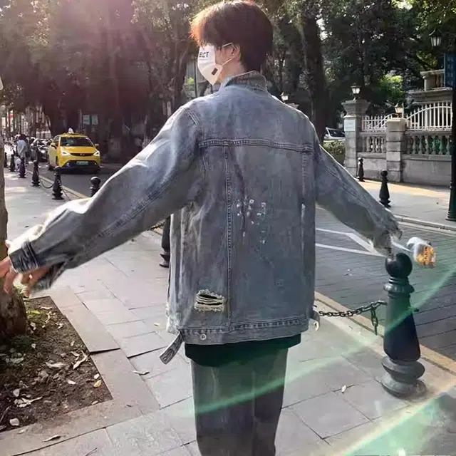 虫小绿 美式高街复古风水洗做旧拼接涂鸦泼墨破洞设计感翻领宽松百搭休闲夹克牛仔外套 男女同款