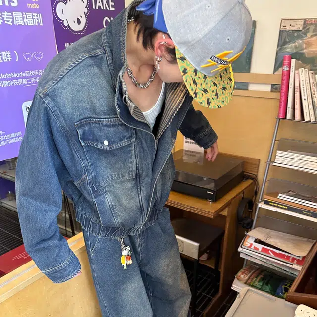 虫小绿 美式复古设计款双层立领短款夹克上衣春秋款潮流痞帅高级宽松休闲百搭拼接牛仔外套 男女同款