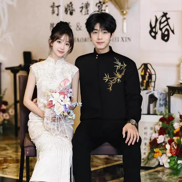 虫小绿 新中式立领长袖衬衣结婚订婚国风感设计竹叶刺绣免烫百搭上衣衬衫 男女同款