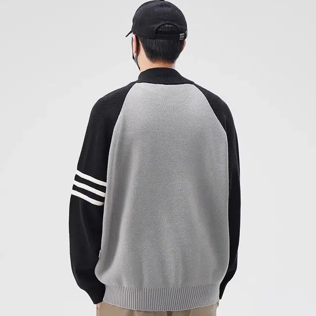 虫小绿 美式高街国潮牌开衫毛衣春秋季立领撞色三杠外套百搭休闲毛线衣服双拉链针织衫 男女同款