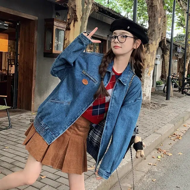 虫小绿 韩版学院风甜美超好看短款夹克百搭通勤春秋款复古高级感水洗做旧休闲宽松工装拉链上衣情侣牛仔外套 男女同款