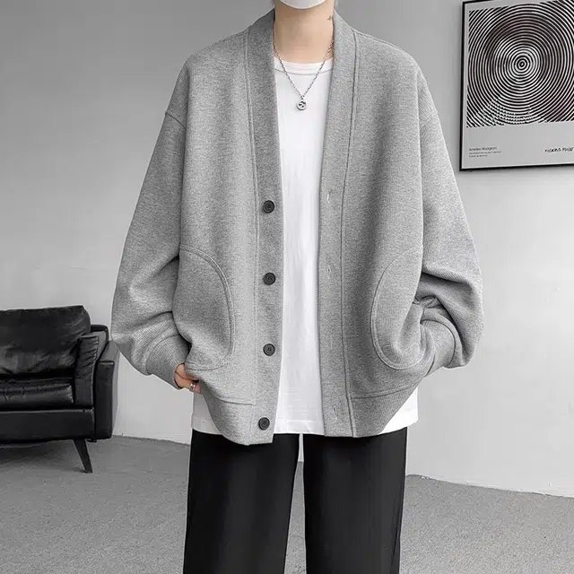 虫小绿 潮牌纯色华夫格开衫外套春秋季日系慵懒风高级感百搭宽松休闲简约夹克上衣情侣款卫衣 男女同款