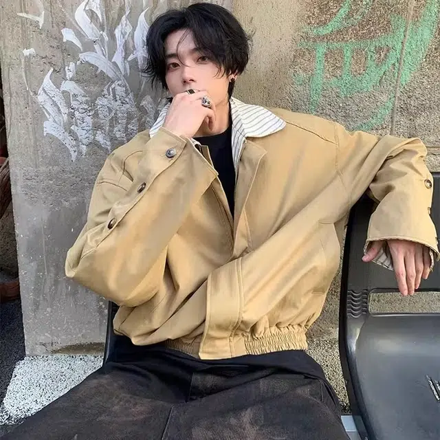 虫小绿 春秋季潮流撞色拼接条纹翻领外套廓形琥珀系美式复古简约个性小众设计感宽松舒适日常休闲百搭通勤工装防风夹克 男女同款