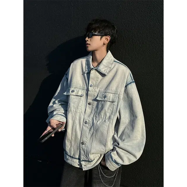虫小绿 美式高街复古街头废土风做旧水洗明线装饰解构廓型四角标线痞帅潮流日常通勤高颜值宽松百搭洗选翻领长袖牛仔外套 男女同款