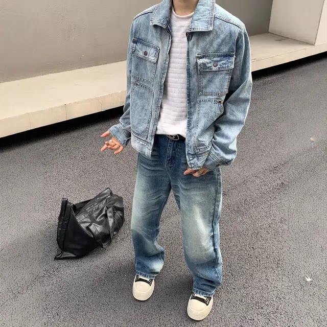 虫小绿 街头美式复古做旧翻盖口袋极简夹克上衣宽松潮牌春秋季潮流男装休闲经典百搭工装牛仔外套 男女同款