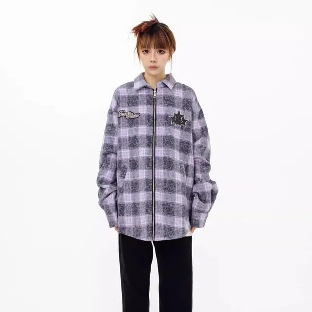虫小绿 美式复古撞色格子星星刺绣衬衫翻领外套春秋季国潮情侣街头宽松休闲百搭毛呢拉链上衣夹克 男女同款