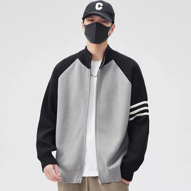 虫小绿 美式高街国潮牌开衫毛衣春秋季立领撞色三杠外套百搭休闲毛线衣服双拉链针织衫 男女同款