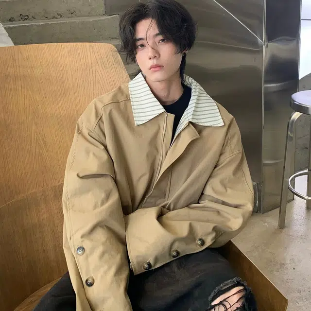 虫小绿 春秋季潮流撞色拼接条纹翻领外套廓形琥珀系美式复古简约个性小众设计感宽松舒适日常休闲百搭通勤工装防风夹克 男女同款