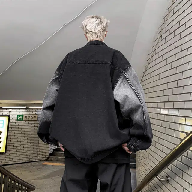 虫小绿 春秋季高街水洗渐变绣花字母上衣美式潮牌休闲宽松复古设计单排扣翻领夹克牛仔外套 男女同款