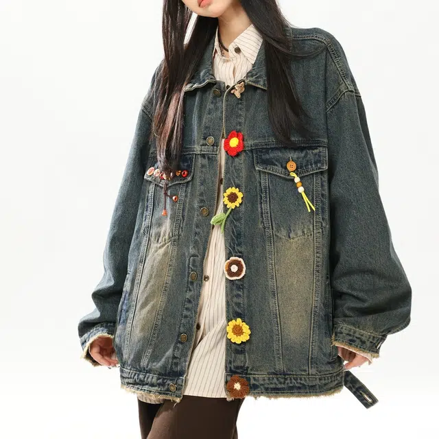 虫小绿 春秋季复古花朵纽扣夹克美式潮流休闲宽松小众设计感趣味古着水洗做旧百搭翻领牛仔外套 男女同款