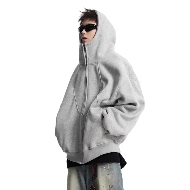 虫小绿 美式解构设计感拼接高街潮牌休闲长袖上衣复古运动百搭开衫宽松加厚保暖情侣款连帽卫衣 男女同款