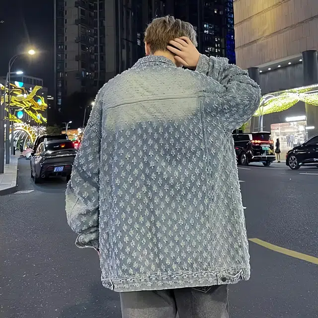 虫小绿 美式复古高街满印提花痞帅夹克春秋季炸街时尚潮流磨白做旧大口袋废土风休闲百搭舒适宽松工装牛仔外套 男女同款