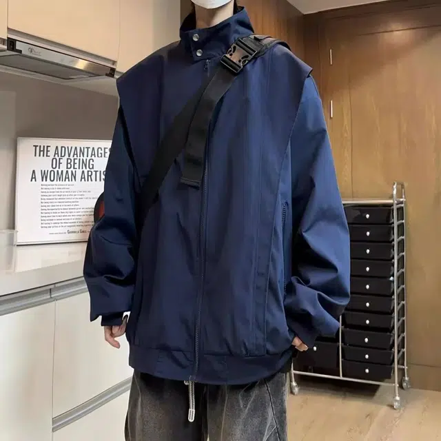 虫小绿 港风日系美式融合多功能透气舒适百搭工装飞行员立领拼接拉链款外套休闲宽松情侣款潮流翻领开衫夹克 男女同款