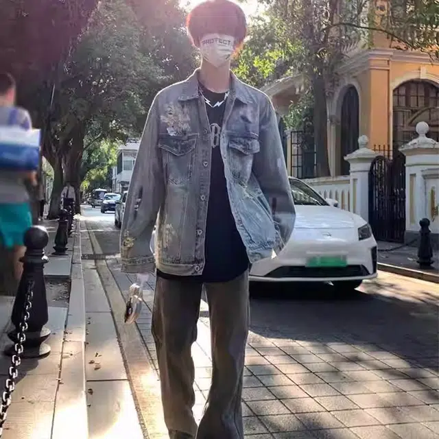 虫小绿 美式高街复古风水洗做旧拼接涂鸦泼墨破洞设计感翻领宽松百搭休闲夹克牛仔外套 男女同款