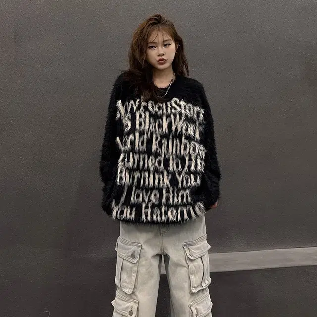 虫小绿 国潮复古字母印花仿貂毛毛衣外套春秋季软糯温柔风宽松休闲百搭保暖情侣套头圆领长袖针织衫 男女同款